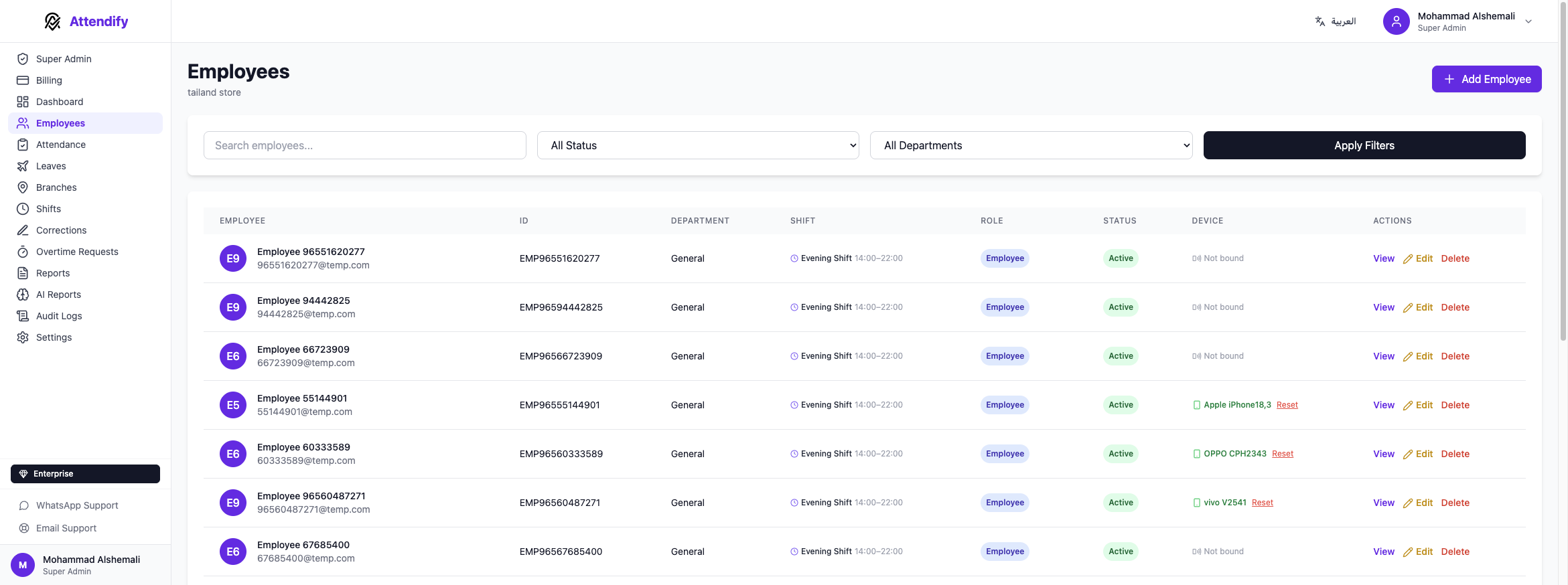 Attendify employee directory in the admin dashboard
