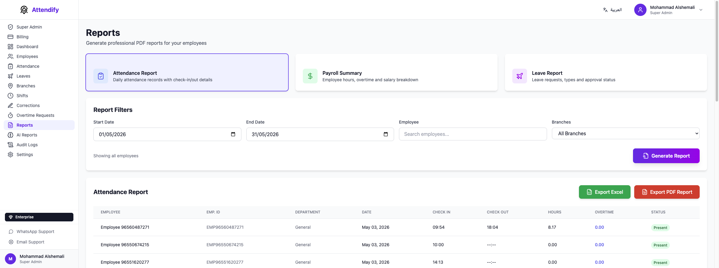 Attendify generated attendance and payroll report