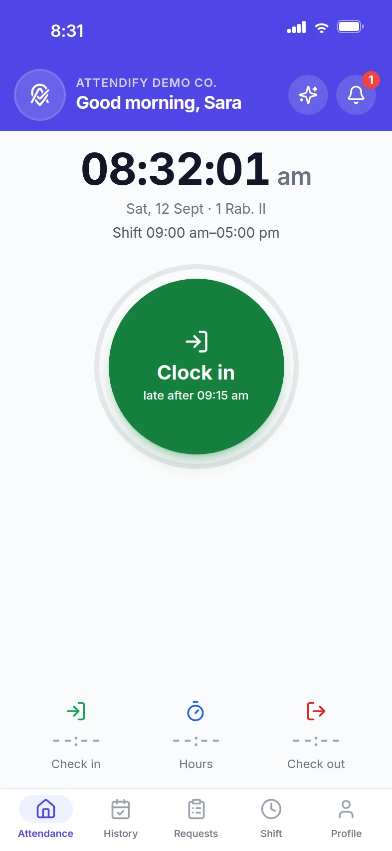 The check-in screen of the employee app.