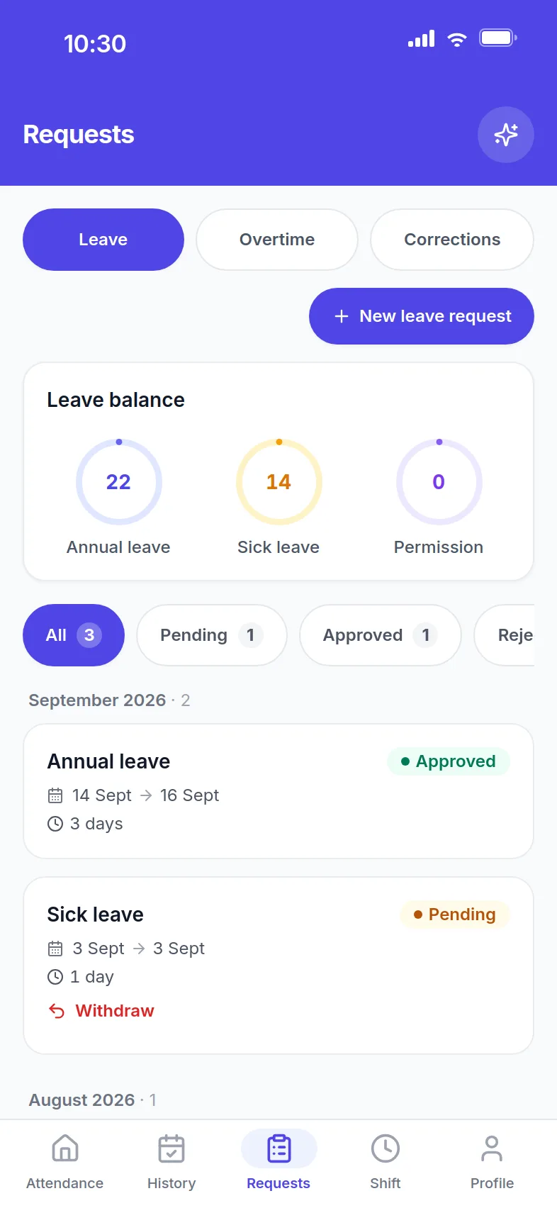 Leave balances and requests.